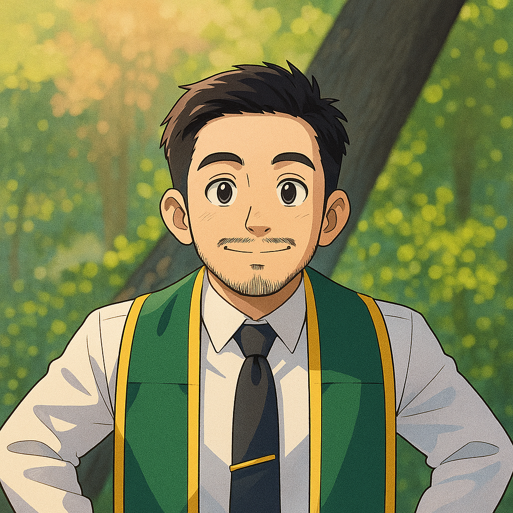 Anime-style illustration of Andres Gonzalez on graduation day, wearing a green and gold stole and a tie, standing outdoors.